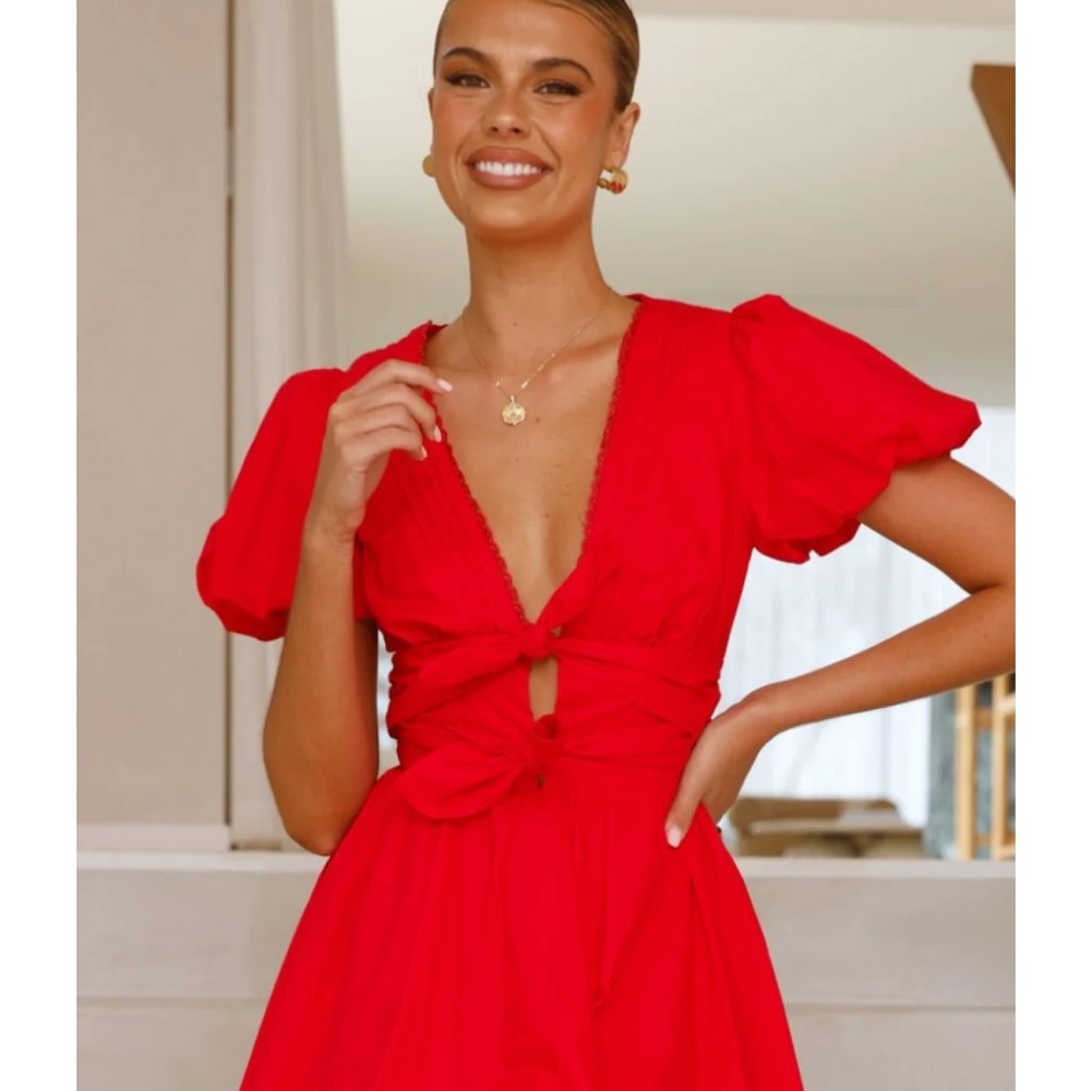 Red Tie Front Puff Sleeve Mini Dress